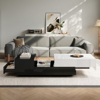 Couchtisch, Hochglanz Wohnzimmertisch mit Schublade Schiebeplatte geometrischem Design großem Stauraum, MDF, Schwarz-Weiß, 100 x 50 x 38 cm