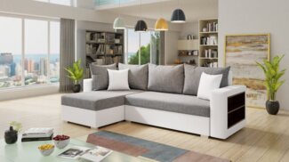 Ecksofa Lord mit Regal und Schlaffunktion - Sofa mit Bettkasten, Schlafsofa, Polsterecke, Couch L-Form, Couchgarnitur, Sofagarnitur (Weiß + Grau (Dolaro 511 + Berlin 01), Ecksofa Links)