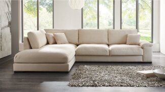 Massivart® Ecksofa ANGEL Cord beige / 333 cm, Cordsofa / Nosagfederung / Daunenpolsterung / schwarze Metallbeine