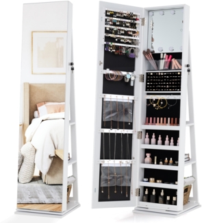 360° Drehbarer Schmuckschrank Freistehender Schmuckorganizer mit Ganzkörperspiegel & Rückregalen Weiß