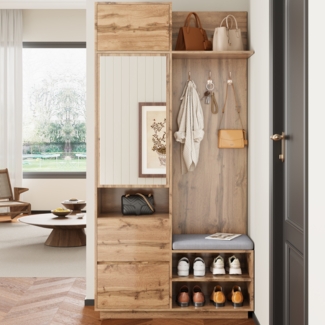 Flurgarderobe Kompakt mit Spiegel, Sitzbank & Schuhregal, Natur, 90 x 34,5 x 190 cm