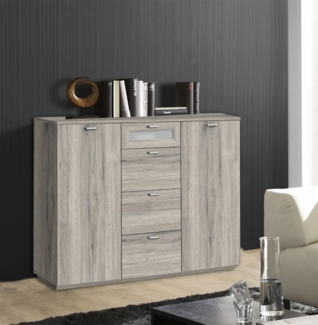 Kommode Anrichte 2trg mit Schubladen sandeiche / Weißglas 120cm