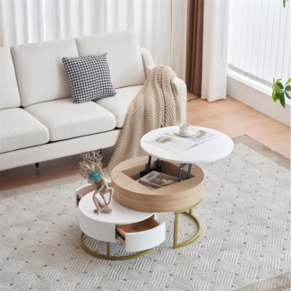 XDeer Couchtisch Goldener Satztisch, hochklappbare Couchtischkombination, Beistelltisch mit zwei Schubladen. 2-teiliges Set