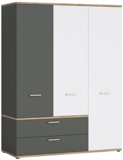 Kleiderschrank 3-türig in Eiche Nb. mit weiß und grau TOMAR-129, B/H/T ca. 150/196/60 cm