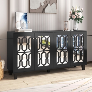 Sideboard 160x40x84 cm, schwarz mit Spiegeloberfläche, 4 Türen und Kristallgriffe