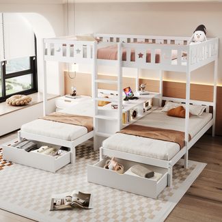 Merax Hochbett, 140×200 cm & 90×200 cm Kinderbett, Dreifachbett, Stauraum und zwei Schubladen, Sicherheitsgeländer mit Stern- und Monddesign, weiß