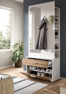 Kompaktgarderobe >Polo< Schublade + Klappe, weiß / nox oak / Spiegel - 80x190x38cm (BxHxT)