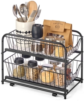 Küchen-Organizer, Küchenregal, Ordnungssystem, 2 Ebenen, stapelbar, erweiterbar, mit Metallkörben, für Küche, Badezimmer, weiß