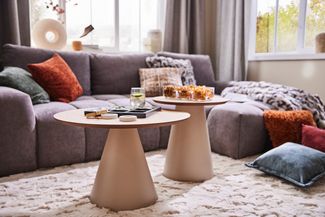 ACTONA GROUP Couchtisch Soli, Rund Couchtisch, Tischplatte matt Eiche, Säule Gestell grau, Ø65x43cm