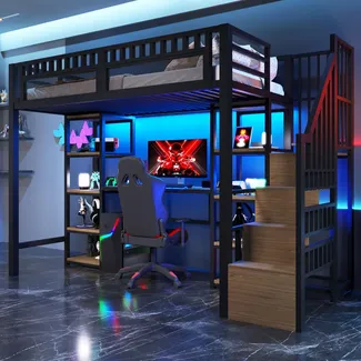 Hochbett mit RGB LED-Streifen, Schreibtisch, Lattenrost, Treppe und Regal, Kinderbett mit Rausfallschutz, Metallbett, 90x200cm