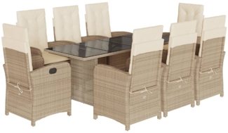 vidaXL 9-tlg. Garten-Essgruppe mit Kissen Beige Poly Rattan 3212262