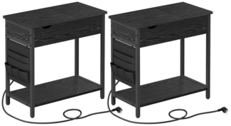 VASAGLE Beistelltisch, 2er Set, Nachttisch mit Steckdose, schmal, mit USB-Anschlüssen, Tasche, für Wohnzimmer, Schlafzimmer, schwarz mit Holzmaserung LCTDE647B56