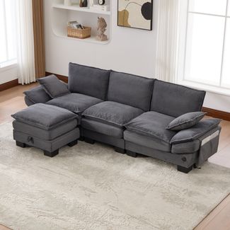 Flieks 3-Sitzer-Sofa mit Hocker, USB-C-Anschluss & Seitentaschen, Dicke Kissen, Corduroy, Dunkelgrau