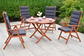 Vitoria Gartenmöbel Set 9tlg, 4 Klappsessel, 4 graue Auflagen, Klapptisch Ø 100 cm