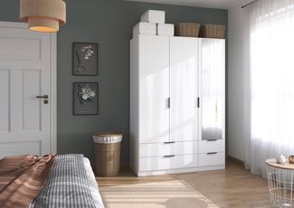 Rauch Möbel Lagoa, Kleiderschrank, Garderobe für Schlafzimmer, Kinderzimmer, Jugendzimmer 3-türig mit Spiegel, 4 Schubladen, mit Zubehör Premium, Farbe Weiß, Breite 136