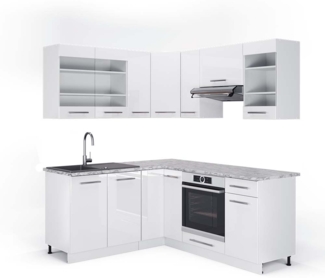 Eckküche Fame-Line Weiß Hochglanz/Weiß 190 x 60 cm , AP Marmor Vicco