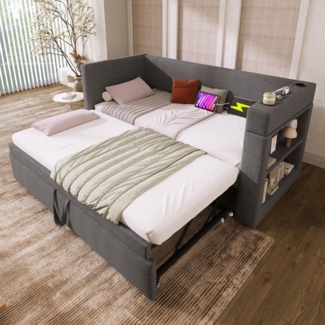 Odikalo Schlafsofa Ausziehbett Bettgestell USB Getränkehalter Leinen 90x190/200Beige/Grau