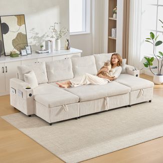 Moderner 4-Personen-Samtsofa mit beidseitigen Chaiselongues,integriertem Stauraum Getränkehaltern USB-Anschlüssen und ausziehbarer Schlaffunktion stilvoll für jedes Wohnzimmer,Samt,Beige,