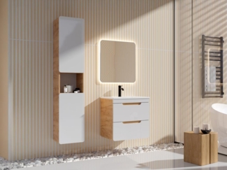 Vente-unique - Waschbeckenunterschrank hängend mit Einbauwaschbecken & Badhochschrank - Holzfarben & Weiß - 60 cm - ARUBA