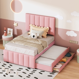 Merax Polsterbett Einzelbett 90 x 200 cm mit Rollbett und Stauraumschubladen, hautfreundliche Leinenpolsterung, Gästebett Rosa