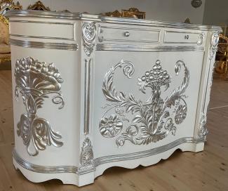 Casa Padrino Barock Sideboard Weiß / Silber - Handgefertigter Barockstil Massivholz Schrank mit 2 Türen und 2 Schubladen - Wohnzimmer Möbel im Barockstil - Barock Möbel - Edel & Prunkvoll