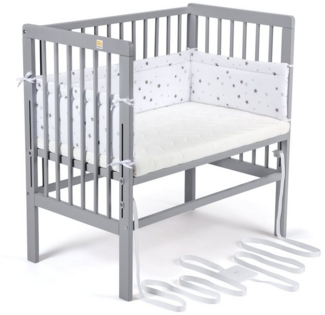 FabiMax 4856 'BOXSPRING' Beistellbett grau, inkl. Matratze 'AIR' und Nestchen 'Sterne' grau auf weiß