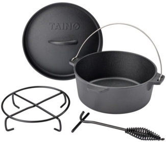 TAINO Feuertopf Dutch Oven, Gusseisen (1-tlg, 1x TAINO Dutch Oven 4L inkl. Deckelheber und Topfständer), 4L, Ø 25cm, Gusseisen, Schmortopf, inkl. Deckelheber, Schwarz