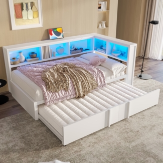Merax Kinderbett Einzelbett 90 x 200 cm, Jugendbett mit Ausziehbett, Stauschränken, LED-Beleuchtung und USB-Anschlüssen, Weiß