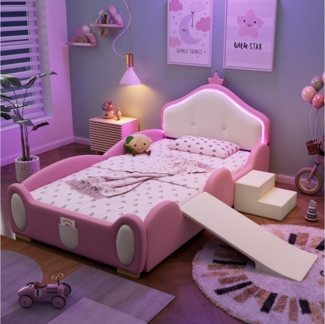 REDOM Kinderbett Polsterbett Bett (mit mehrfarbigem Multi-Mode-LED-Streifen, mit schützenden weichen Kanten, mit Holzlatten, mit kleiner Rutsche und Treppe), Mit Matratze
