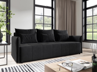 Schlafsofa Leno - Sofa mit Schlaffunktion und Bettkasten, Bettsofa mit Wellenfeder, Bettfunktion, Couch vom Hersteller, Couchgarnitur, Velours (Schwarz (Kronos 07))