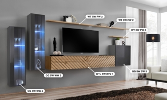 Wohnwand Switch Lamel, Korpus: Graphit, Wotan / Front: Graphit hochglanz PVC, Wotan PVC (gerillt)