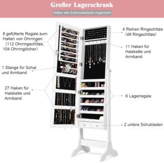 Schmuckschrank Abschließbar chmuck Spiegelschrank mit Spiegel 46 x 37 x 156 cm Weiß