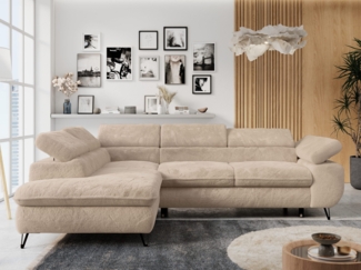 Ecksofa mit Bettfunktion, Modern Sofa, L-form, Einstellbare Kopfstützen, Bettkasten - PETER - Beige Plüsch - links