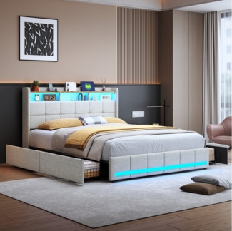 PXloue Funktionsbett Polsterbett Doppelbett, mit USB-Laden und Stauraum am Kopfteil,Leinen,140x200 cm