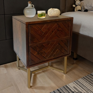 FINEBUY Nachttisch FB110155 (Industrial, 45x40x57 cm Akazie Massivholz Metall), Nachtkonsole Modern, Nachtkästchen mit Schubladen