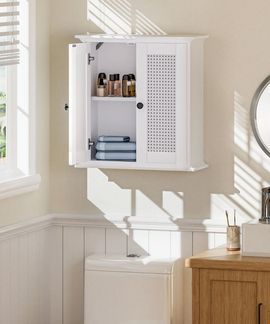 Yorbay Hängeschrank Badezimmerschrank mit Rattanfront (57 x 60 x 22 cm) Weißer Wandschrank mit Doppeltüren & verstellbarem Einlegeboden