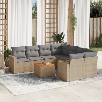 vidaXL 9-tlg. Garten-Sofagarnitur mit Kissen Beige Poly Rattan 3256381