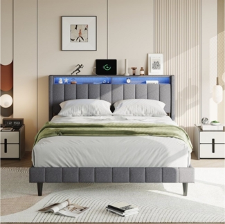 Gdood Stauraumbett Polsterbett, Bett 140/160x200 cm, Mit LED, Ladefunktion (1-tlg, 2 Steckdosen +2 USB- Anschlüsse, Federbelastetes Gerät Kopfteil), Multifunktionsbett, Leinen, 140x200 cm