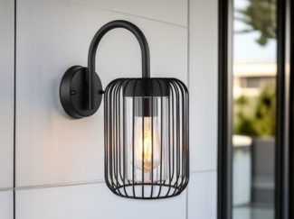 LED Außenwandleuchte mit Gitterschirm aus schwarzem Edelstahl, Höhe 32,5cm