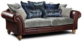 Casa Padrino Luxus Echtleder 3er Sofa Dunkelbraun / Grau / Hellbraun 230 x 105 x H. 100 cm - Wohnzimmer Leder Sofa - Echtleder Wohnzimmer Möbel