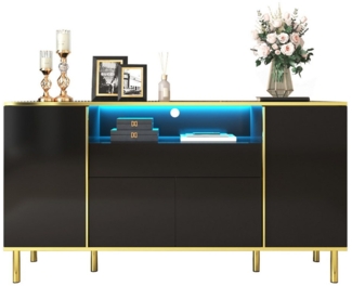 Merax Sideboard in Hochglanz mit LED- Beleuchtung (1 St), Kommode mit Schublade & 4 Türen,Anrichte mit goldenen Akzenten,B:150cm