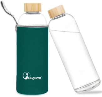 Bugucat Glasflasche 1 Liter Trinkflasche Borosilikat Glas Schutzhülle