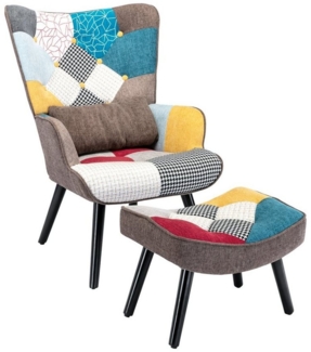 HomeMiYN Ohrensessel Relaxsessel mit Hocker Patchwork Sessel Wohnzimmer Ohrensessel Holz