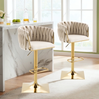 LVHOM Barhocker 2er Set, 360° drehbare moderne Samt-Barstühle, drehbare Küchenhocker, goldene Stuhlbeine