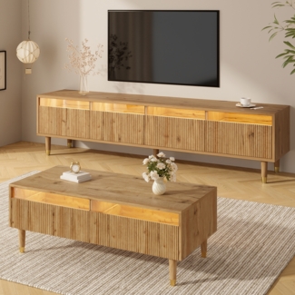 OKWISH Wohnzimmer-Set LED-Möbelset, (TV-Schrank+Wohnzimmertisch, 2-St, Couchtisch 110x50x40cm + TV-Ständer 178x35x45cm), Wellenstruktur und Acrylfronten, Gold-Design