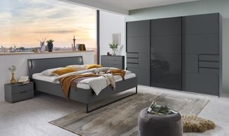 Schlafzimmer-Set >Tilburg< (5tlg.) Bett 188x92x210cm, Schrank, 2 Nachtkommoden, Sideboard, Grafit
