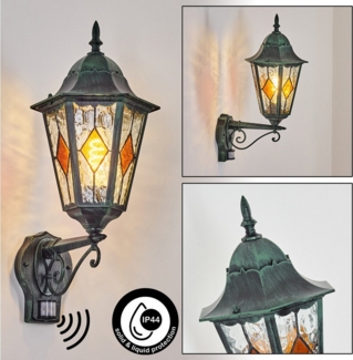 hofstein Außen-Wandleuchte Außenwandlampe mit Bewegungsmelder aus Metall/Glas, E27, IP44, Wandleuchte außen im Vintage/Antik-Design in Schwarz/Grün/Klar/Orange