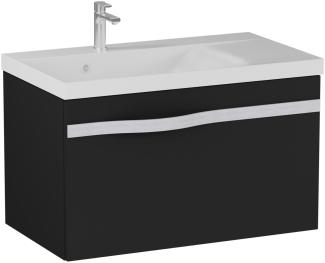 BADEDU FILS Waschbecken mit Unterschrank 69 cm breit, Schwarz, Waschbecken Gussmarmor Weiß, Griff Silber