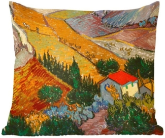 MuchoWow Dekokissen Landschaft mit einem Haus und einem Ackerbauern - Vincent van Gogh, Zierkissen mit Füllung für Wohnzimmer, Sofakissen, 40x40 cm