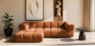 Ecksofa Designersofa BLANCHE in Stoff Bluvel Rostbraun Ottomane Links